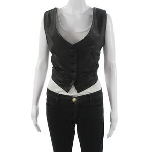 Golde Women Leather Biker V-Neck Button Sleeveless Vest Black Size S